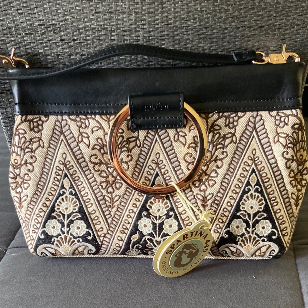 Henna Shoulder Black Leather Linen Trim Clutch